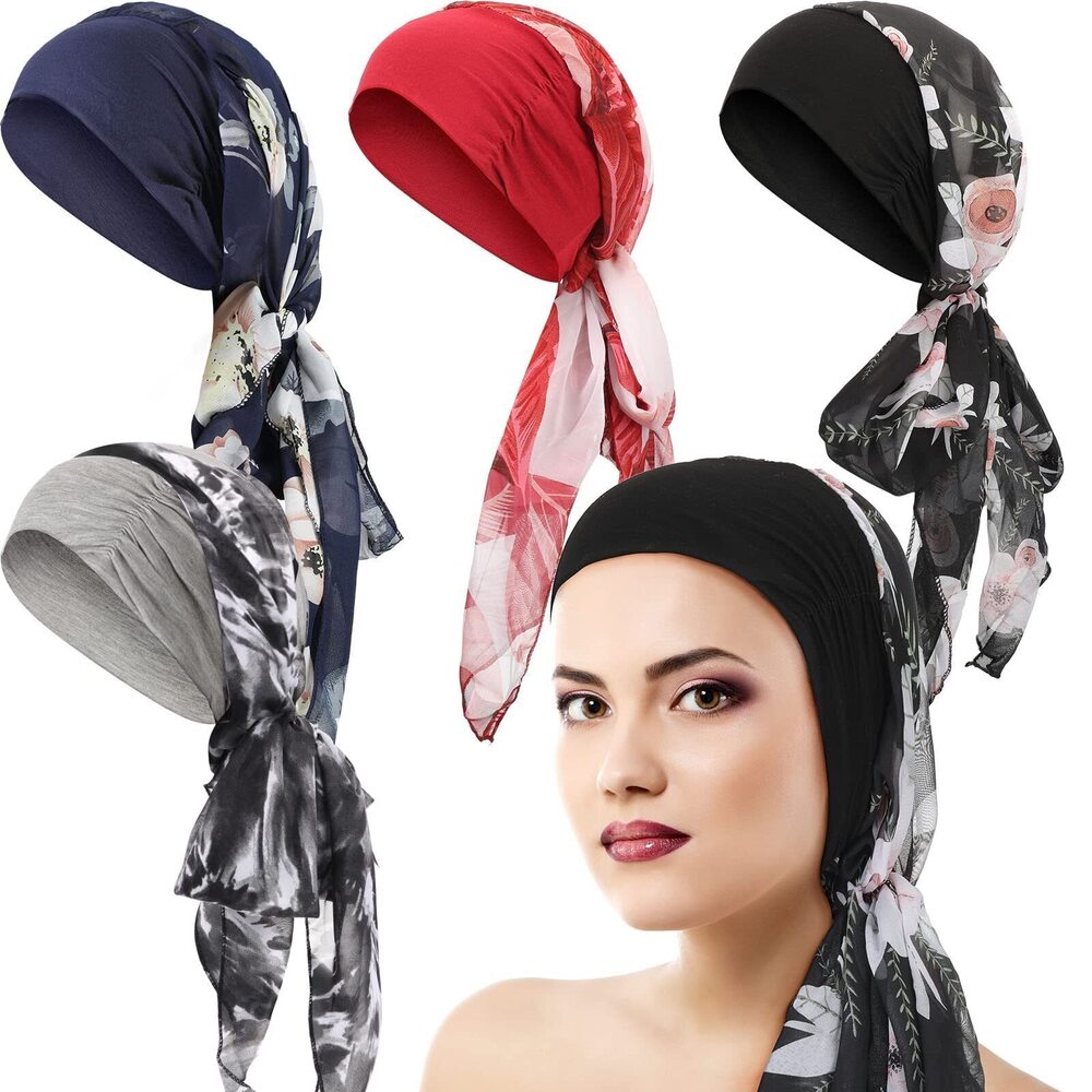 4143 4 Pieces Headwear Turban Sleep Beanie Head Scarf Long Hair Head